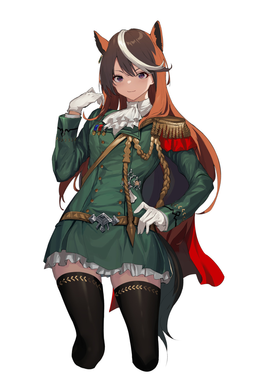 1girl aiguillette animal_ears ascot bangs black_legwear brown_hair closed_mouth cropped_legs dress epaulettes frills gloves green_dress hair_between_eyes hand_on_hip highres horse_ears horse_girl horse_tail long_hair long_sleeves multicolored_hair oweee simple_background single_epaulette solo streaked_hair symboli_rudolf_(umamusume) tail thigh-highs umamusume white_background white_gloves white_hair white_neckwear