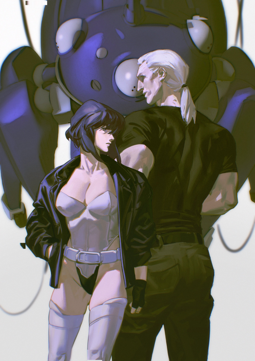 absurdres artificial_eyes back-to-back bangs batou belt black_belt black_gloves black_jacket black_shirt collarbone facing_away facing_viewer fingerless_gloves ghost_in_the_shell ghost_in_the_shell_stand_alone_complex gloves green_pants hand_in_pocket highleg highleg_leotard highres jacket kusanagi_motoko leather leather_jacket leotard looking_to_the_side muscular muscular_male myownpaladise open_clothes open_jacket pants ponytail purple_hair robot shirt short_hair skindentation t-shirt tachikoma thigh-highs white_belt white_hair white_legwear white_leotard