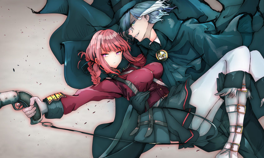 1boy 1girl ameshiki bag between_breasts black_bag black_coat black_gloves black_headwear black_skirt boots braid breasts brooch carrying closed_mouth coat edmond_dantes_(fate) expressionless fate/grand_order fate_(series) fedora florence_nightingale_(fate) gloves green_eyes grey_background grin gun hair_over_one_eye hat highres holding holding_gun holding_weapon jewelry knee_boots large_breasts long_hair looking_to_the_side military military_uniform pantyhose pink_eyes pink_hair princess_carry red_shirt shirt skirt smile uniform weapon white_footwear white_gloves white_hair white_legwear