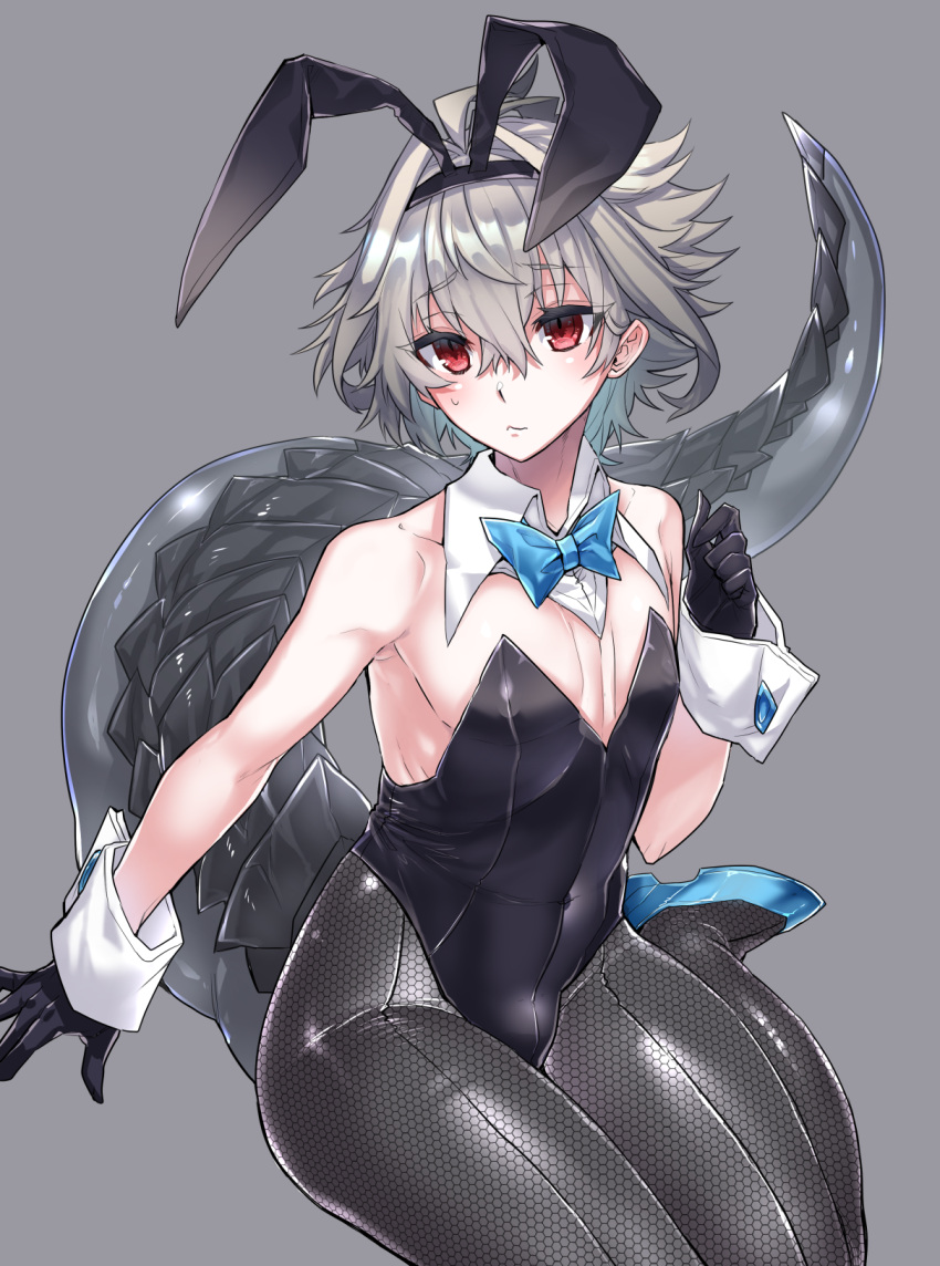1boy animal_ears arm_support bare_shoulders bow bowtie commentary_request covered_navel detached_collar dragon_tail eyebrows_visible_through_hair fake_animal_ears fate/apocrypha fate_(series) gloves grey_background grey_hair hair_between_eyes hairband haoro highres leotard looking_at_viewer male_playboy_bunny pantyhose playboy_bunny rabbit_ears red_eyes short_hair sieg_(fate) simple_background sitting solo strapless strapless_leotard tail wrist_cuffs