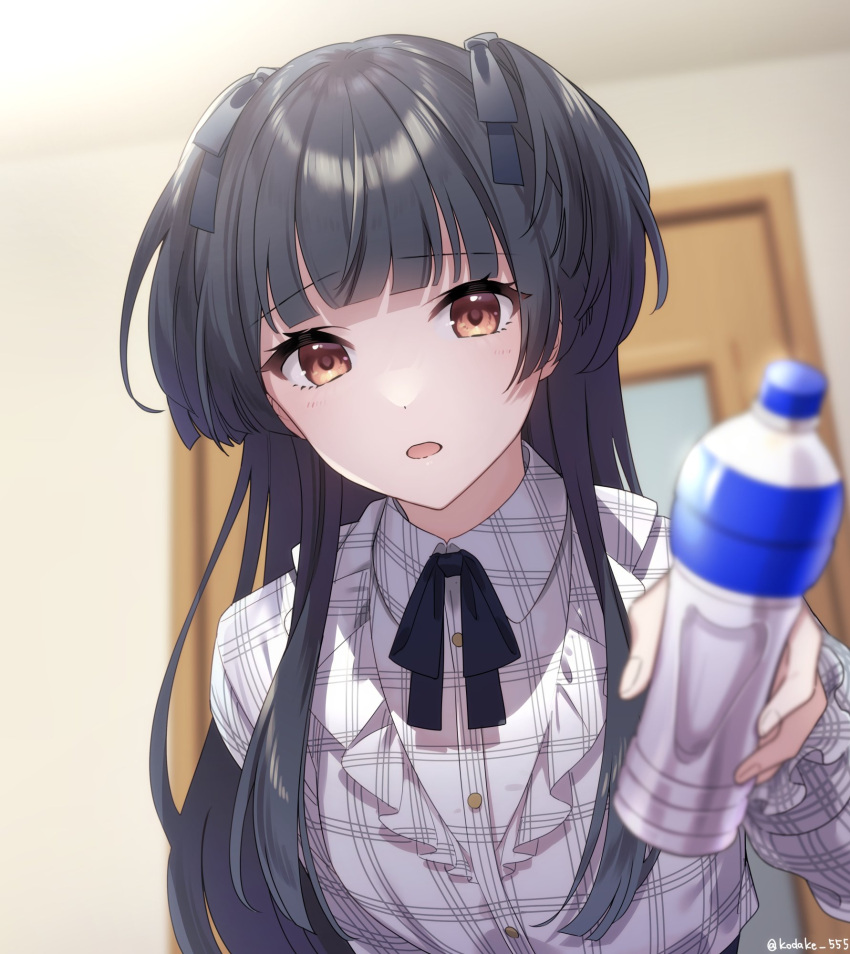 1girl bangs black_neckwear black_ribbon blunt_bangs blurry blurry_background blush bottle breasts brown_eyes buttons collared_shirt commentary depth_of_field eyebrows_visible_through_hair foreshortening frilled_shirt frills hair_ribbon highres holding holding_bottle idolmaster idolmaster_shiny_colors indoors long_hair long_sleeves looking_at_viewer mayuzumi_fuyuko neck_ribbon open_mouth outstretched_arm plaid plaid_shirt ribbon shirt small_breasts solo takeko_spla twitter_username two_side_up upper_body water_bottle white_shirt wing_collar