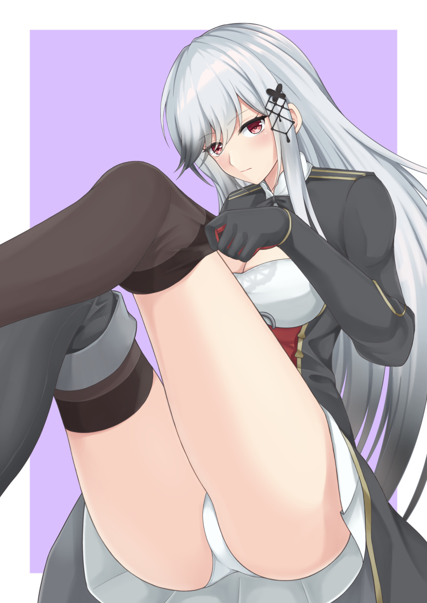 1girl absurdres ass azur_lane black_coat black_footwear black_gloves boots cleavage_cutout clothing_cutout coat dunkerque_(azur_lane) eyebrows_visible_through_hair framed_breasts gloves highres long_hair looking_at_viewer miniskirt panties red_eyes rei_(09991) silver_hair skirt solo thigh-highs underwear white_panties white_skirt
