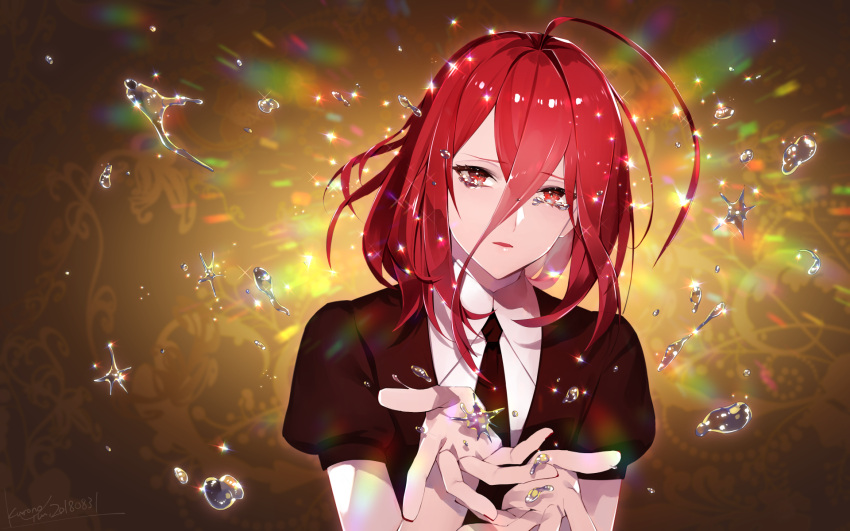 1other ahoge androgynous breasts commentary_request crying crying_with_eyes_open crystal_hair eyebrows_visible_through_hair gem_uniform_(houseki_no_kuni) hair_between_eyes highres houseki_no_kuni kurono_yuu long_bangs looking_at_viewer medium_breasts mercury_(element) necktie open_mouth red_eyes redhead shinsha_(houseki_no_kuni) shirt short_sleeves signature solo sparkle tears