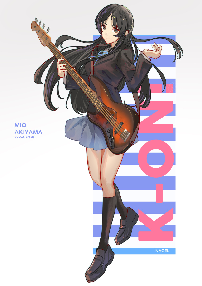 1girl absurdres akiyama_mio artist_name bass_guitar black_footwear black_hair black_jacket black_legwear blue_neckwear character_name closed_mouth commentary copyright_name english_commentary full_body grey_eyes grey_skirt highres holding holding_instrument instrument jacket k-on! kneehighs loafers long_hair long_sleeves looking_at_viewer naoel_(naoel_art) neck_ribbon pleated_skirt ribbon school_uniform shoes simple_background skirt smile solo white_background