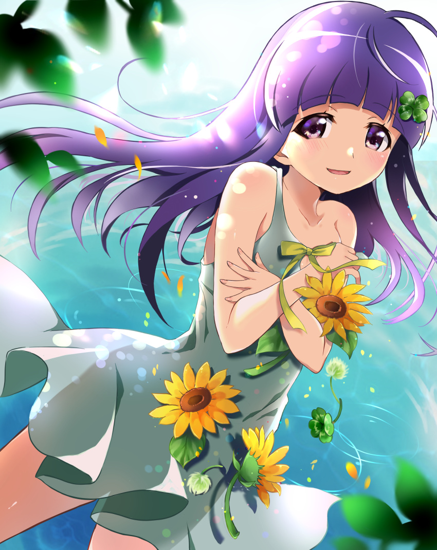 1girl :d absurdres bangs bare_arms bare_shoulders blunt_bangs blurry collarbone commentary_request covering covering_chest day depth_of_field dress eyebrows_visible_through_hair falling_petals floating_hair flower furude_rika green_dress green_ribbon hair_ornament hands_up happy highres higurashi_no_naku_koro_ni leaf long_hair looking_at_viewer mashimaro_tabetai open_mouth outdoors petals pink_nails purple_hair ribbon ripples sleeveless sleeveless_dress smile solo spaghetti_strap strap_slip sunflower violet_eyes water yellow_flower