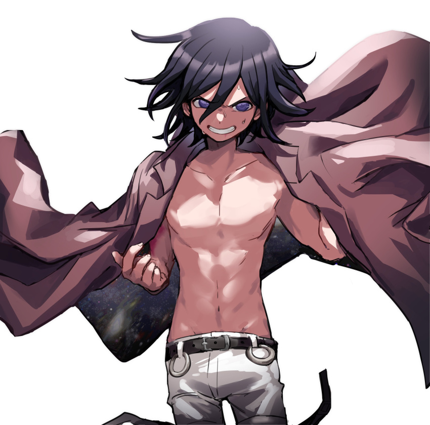 1boy a_tama_(pakpak_tkg) absurdres bangs belt black_belt black_hair collarbone commentary_request dangan_ronpa_(series) dangan_ronpa_v3:_killing_harmony grey_pants grin hair_between_eyes hand_up highres jacket jacket_on_shoulders looking_at_viewer male_focus messy_hair momota_kaito no_shirt ouma_kokichi pants pink_jacket shiny shiny_skin shirtless simple_background smile solo space_print starry_sky_print sweat violet_eyes white_background