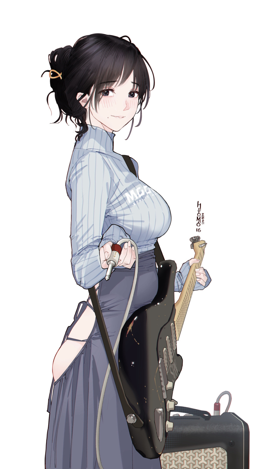 1girl absurdres amplifier_(instrument) ass black_eyes black_hair blush breasts electric_guitar folded_ponytail guitar highres hitomi_o instrument looking_at_viewer mole mole_under_mouth original simple_background skirt solo sweater turtleneck turtleneck_sweater white_background