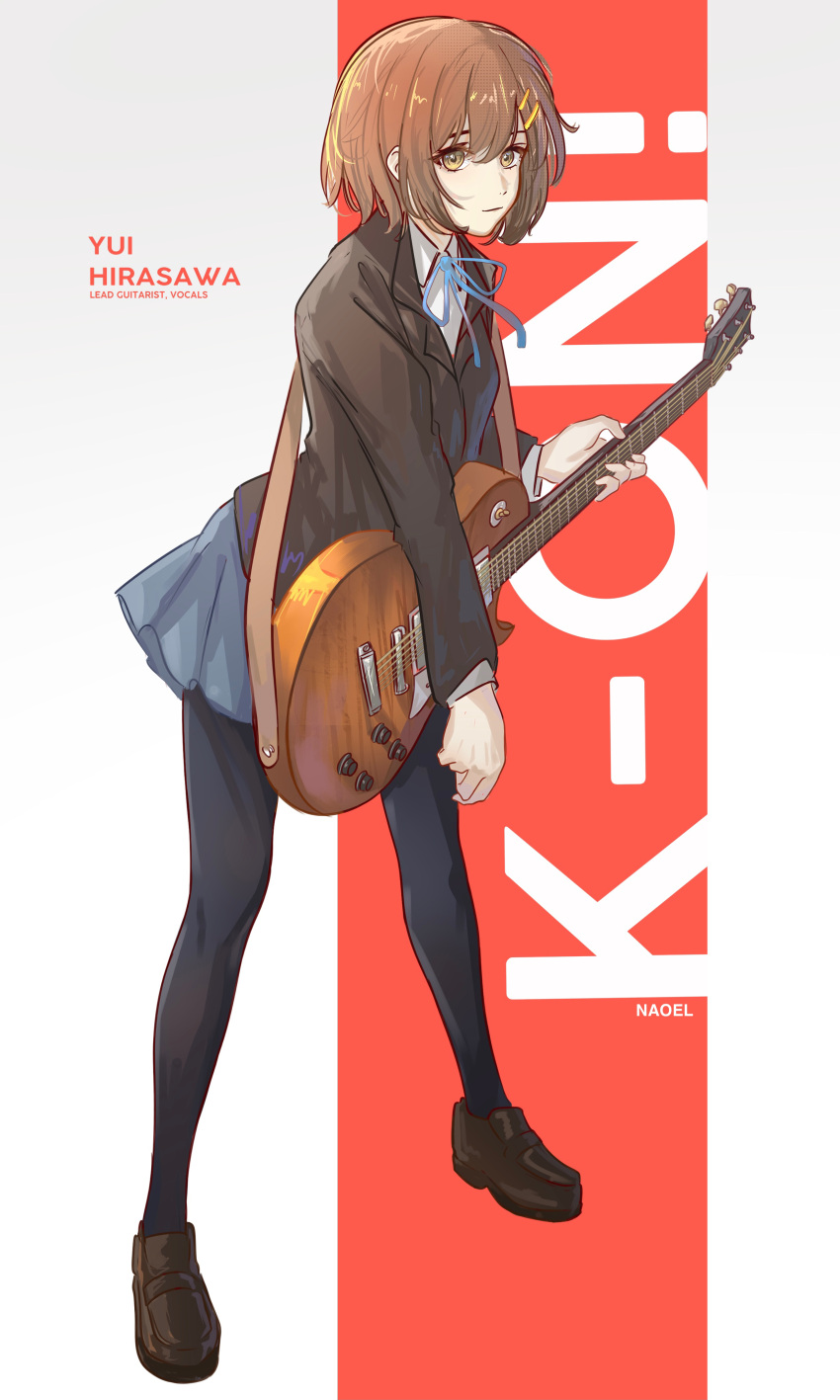 1girl absurdres artist_name black_legwear blue_neckwear blue_skirt bow brown_eyes brown_footwear brown_hair brown_jacket character_name closed_mouth collared_shirt commentary copyright_name electric_guitar english_commentary english_text full_body grey_background guitar hair_ornament hairclip highres hirasawa_yui holding holding_instrument instrument jacket k-on! loafers long_sleeves looking_at_viewer music naoel_(naoel_art) neck_ribbon pantyhose playing_instrument red_bow ribbon school_uniform shirt shoes short_hair skirt solo white_shirt