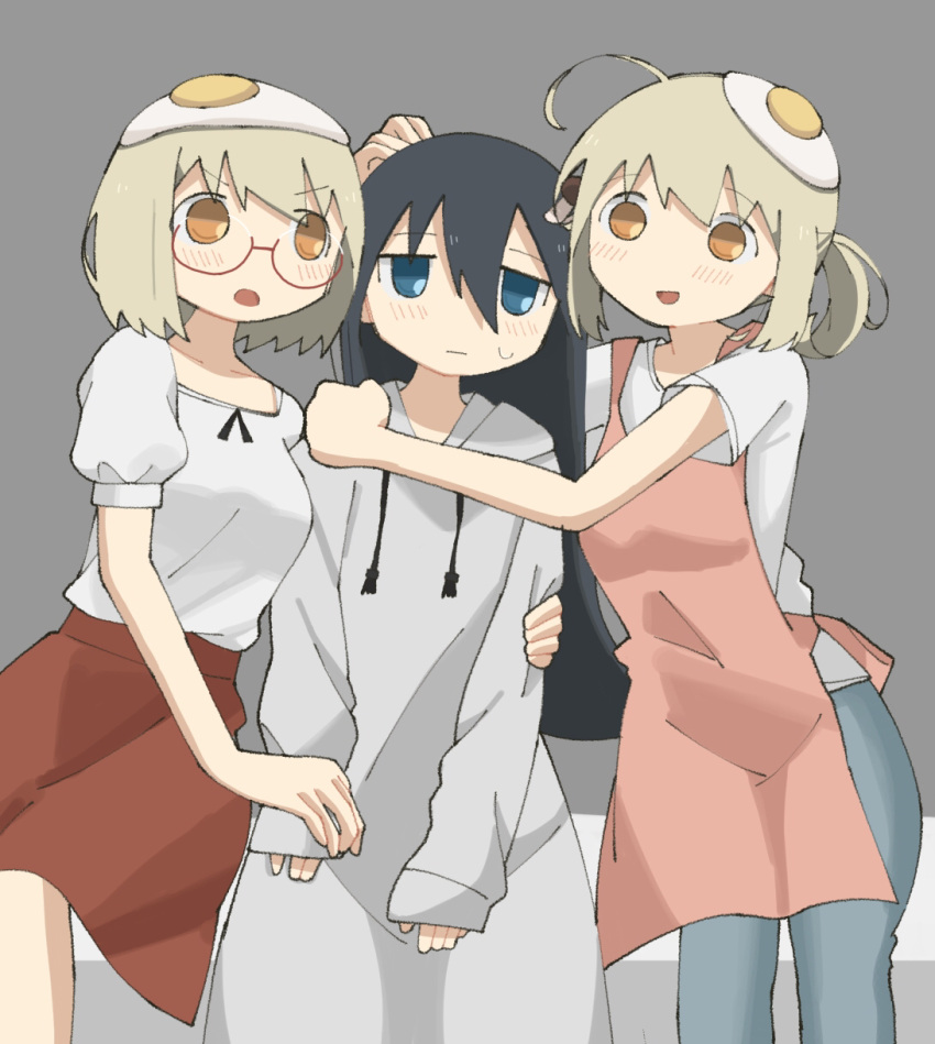 3girls annoyed apron bangs black_hair blonde_hair blouse blue_eyes blush closed_mouth commentary_request denim drawstring egg eyebrows_visible_through_hair feet_out_of_frame girl_sandwich glasses grey_background grey_hoodie hair_between_eyes hand_on_another's_arm hand_on_another's_hand highres hood hood_down hoodie hug jeans long_hair long_sleeves looking_at_viewer multiple_girls no_pupils open_mouth orange_eyes oversized_clothes pants pink_apron ponytail puffy_short_sleeves puffy_sleeves red_skirt sandwiched semi-rimless_eyewear shimeji_simulation shirt short_hair short_sleeves simple_background sitting skirt sleeves_past_wrists smile sweatdrop tsukushima_shijima under-rim_eyewear v-shaped_eyebrows white_blouse white_shirt yamashita_majime yamashita_majime's_mother yoyohachi