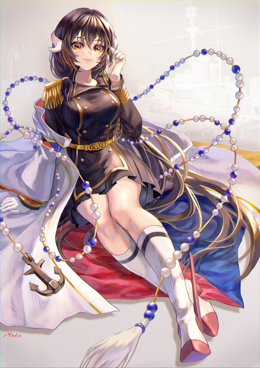 1girl absurdres anchor_symbol artist_name azur_lane boots breasts brown_dress brown_hair buttons coat double-breasted dress epaulettes full_body gloves gold_belt hand_in_hair highres horns large_breasts long_hair looking_at_viewer mahos_san mikasa_(azur_lane) mikasa_(battleship) open_clothes open_coat orange_eyes sakuramon short_dress simple_background solo very_long_hair white_coat white_footwear white_gloves