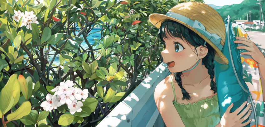 1girl bangs bare_shoulders black_hair blue_eyes blue_ribbon blush braid camisole collarbone commentary_request day eyebrows_behind_hair flower green_camisole hat hat_ribbon highres innertube kotatiyu looking_to_the_side lower_teeth medium_hair ocean open_mouth original outdoors ribbon smile solo spaghetti_strap upper_body
