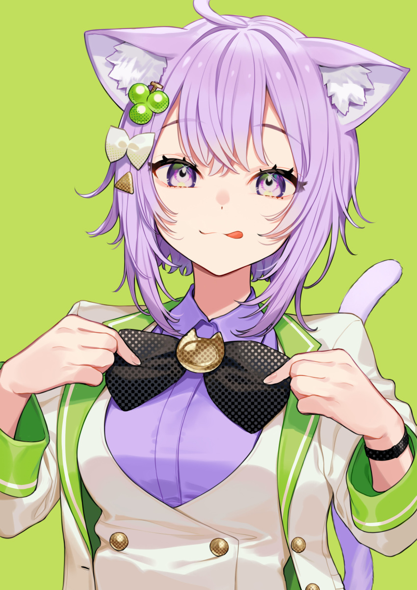 1girl :3 :q absurdres adjusting_neckwear animal_ears bangs black_bow black_neckwear bow bowtie breasts cat_ears cat_girl cat_tail closed_mouth collared_shirt eyebrows_visible_through_hair food-themed_hair_ornament grape_hair_ornament green_background hair_bow hair_ornament highres hololive jacket long_sleeves looking_at_viewer medium_breasts nekomata_okayu open_clothes open_jacket purple_hair purple_shirt shirt short_hair simple_background smile solo tail tongue tongue_out upper_body violet_eyes virtual_youtuber white_bow white_jacket wristband yuu_(higashi_no_penguin)
