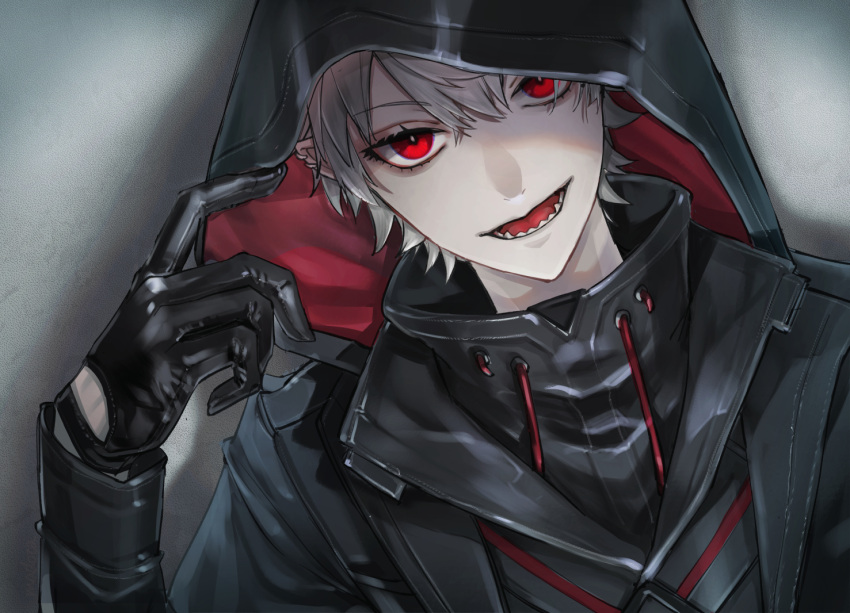 1boy albino black_gloves black_hoodie earrings gloves grey_background grey_hair hood hood_up hoodie jewelry kuzuha_(nijisanji) looking_at_viewer madota_yuki male_focus messy_hair nijisanji open_mouth pale_skin red_eyes sharp_teeth smile solo teeth upper_body virtual_youtuber