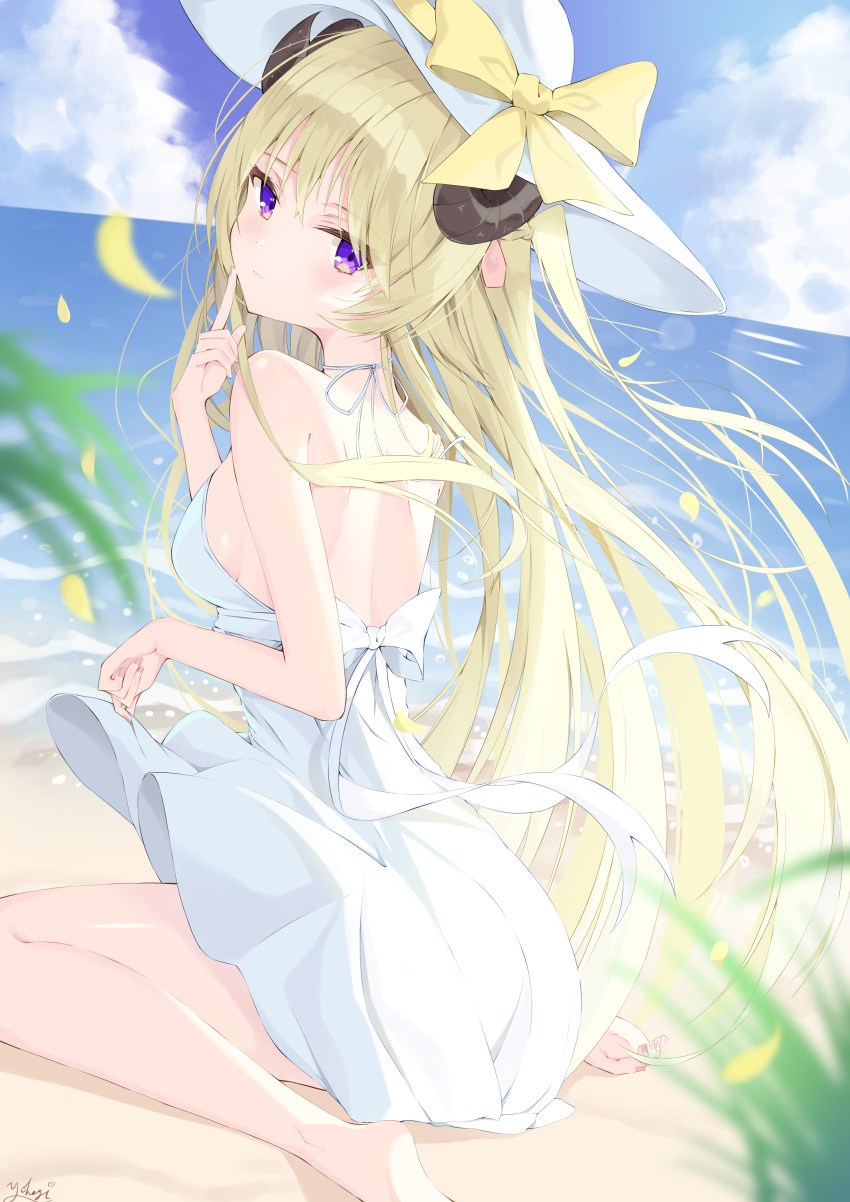 1girl 2d_dating absurdres animal_ears back backless_dress backless_outfit beach blonde_hair braid breasts closed_mouth clothes_lift dress dress_lift finger_to_cheek from_behind from_side half_updo halter_dress halterneck hat head_tilt highres hololive horns large_breasts light_blush light_smile long_hair looking_at_viewer looking_back ocean sheep_ears sheep_girl sheep_horns short_dress shoulder_blades sitting sleeveless sleeveless_dress solo spaghetti_strap summer sun_hat sundress tsunomaki_watame very_long_hair violet_eyes virtual_youtuber wariza white_headwear yohagi