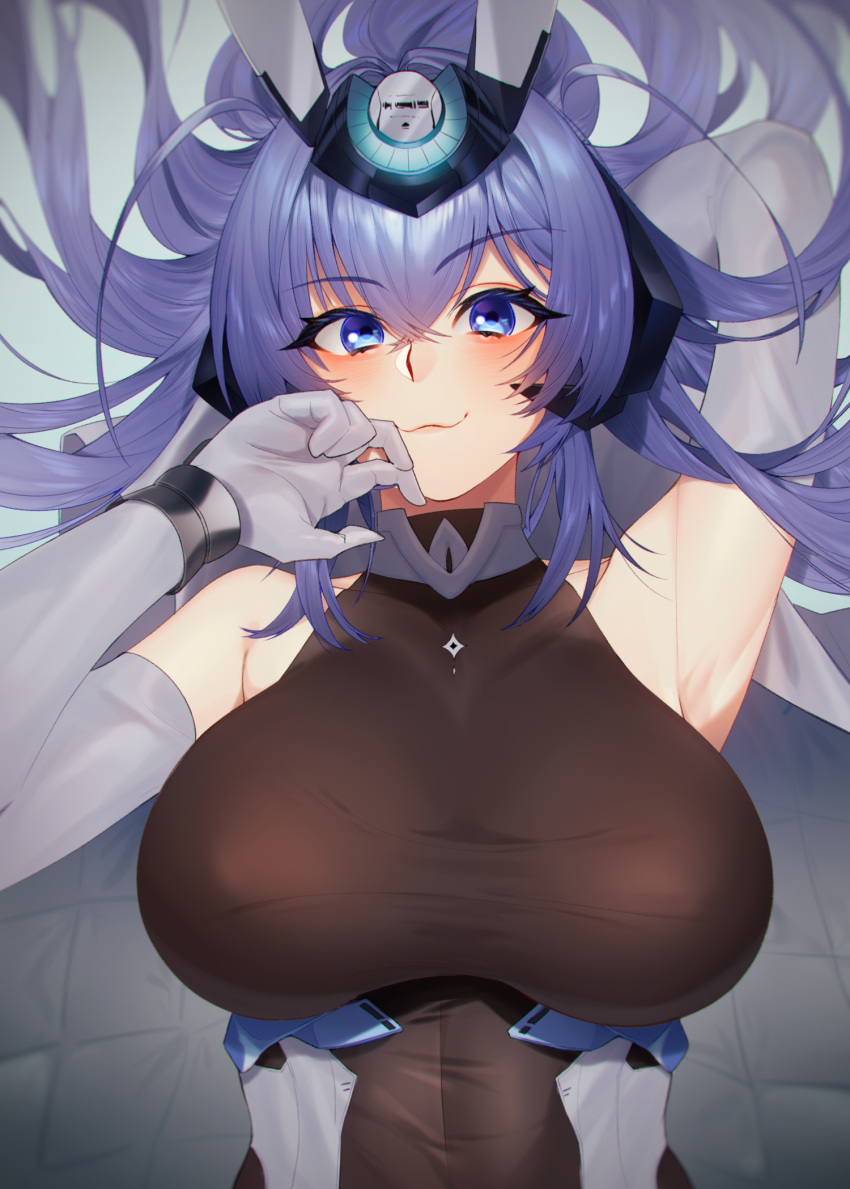 1girl :3 arm_behind_head armpits azur_lane bodystocking breasts elbow_gloves eyebrows_visible_through_hair gloves headgear highres large_breasts looking_at_viewer mimiko_(fuji_310) new_jersey_(azur_lane) purple_hair skin_tight solo taut_clothes violet_eyes white_gloves