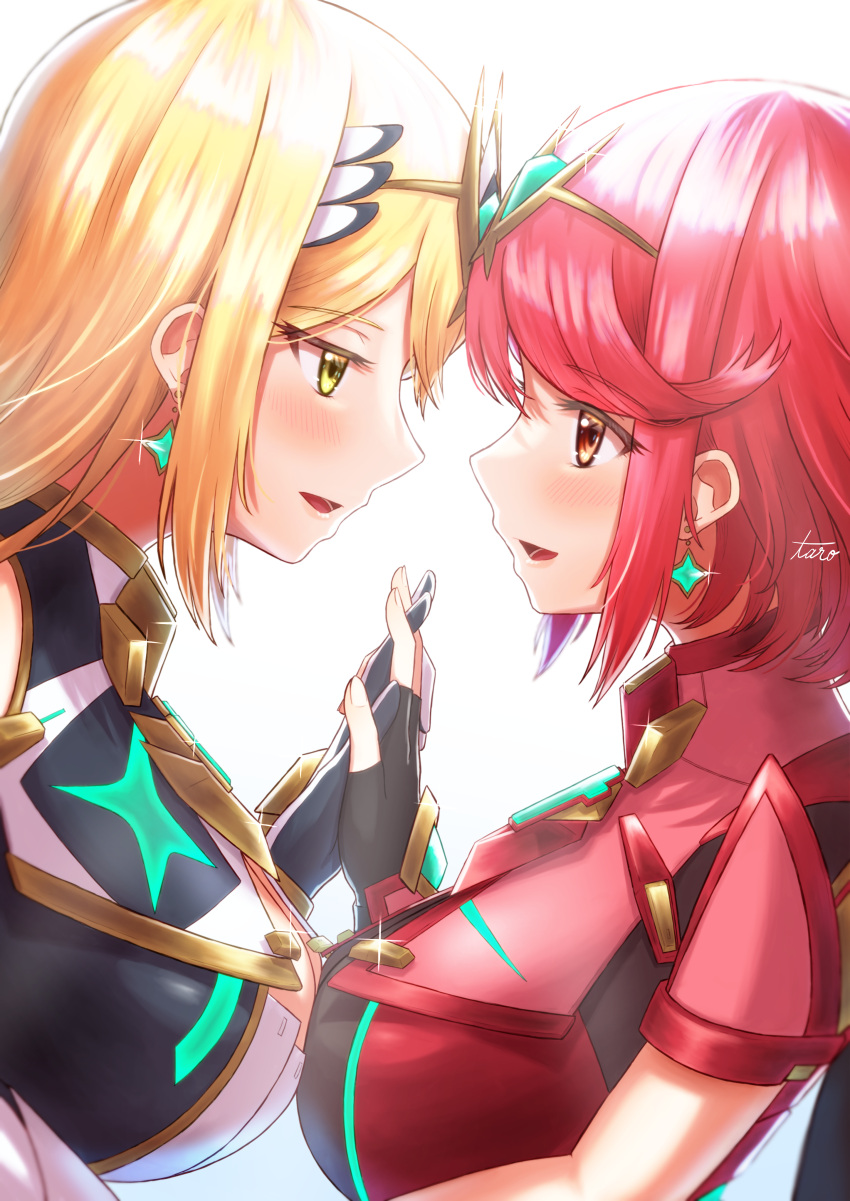 2girls absurdres bangs blonde_hair breasts chest_jewel highres large_breasts long_hair multiple_girls mythra_(xenoblade) pyra_(xenoblade) red_eyes redhead short_hair swept_bangs taro_(pixiv34317323) very_long_hair xenoblade_chronicles_(series) xenoblade_chronicles_2 yellow_eyes