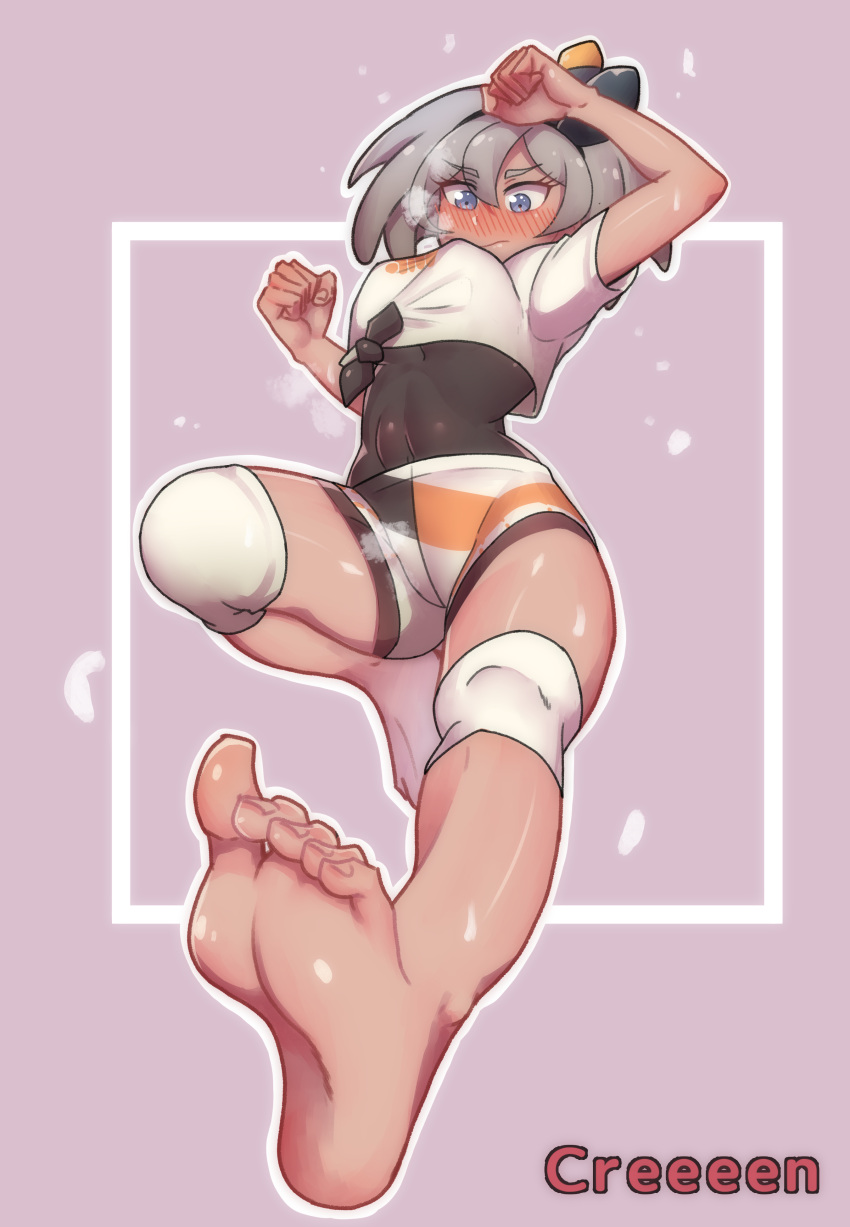 1girl absurdres arm_up artist_name bangs barefoot bea_(pokemon) black_bodysuit black_hairband bodysuit bodysuit_under_clothes bow_hairband breasts clenched_hands commentary_request creeeen_jjang feet framed full_body grey_eyes grey_hair gym_leader hair_between_eyes hairband hand_up highres knee_pads korean_commentary pokemon pokemon_(game) pokemon_swsh print_shirt print_shorts pubic_hair shiny shiny_skin shirt short_hair short_sleeves shorts soles solo toes