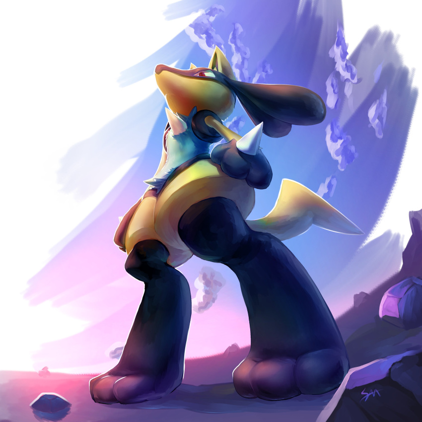 absurdres alternate_color closed_mouth commentary english_commentary from_below gen_4_pokemon highres likey lucario pokemon pokemon_(creature) red_eyes rock shiny_pokemon signature solo spikes standing toes