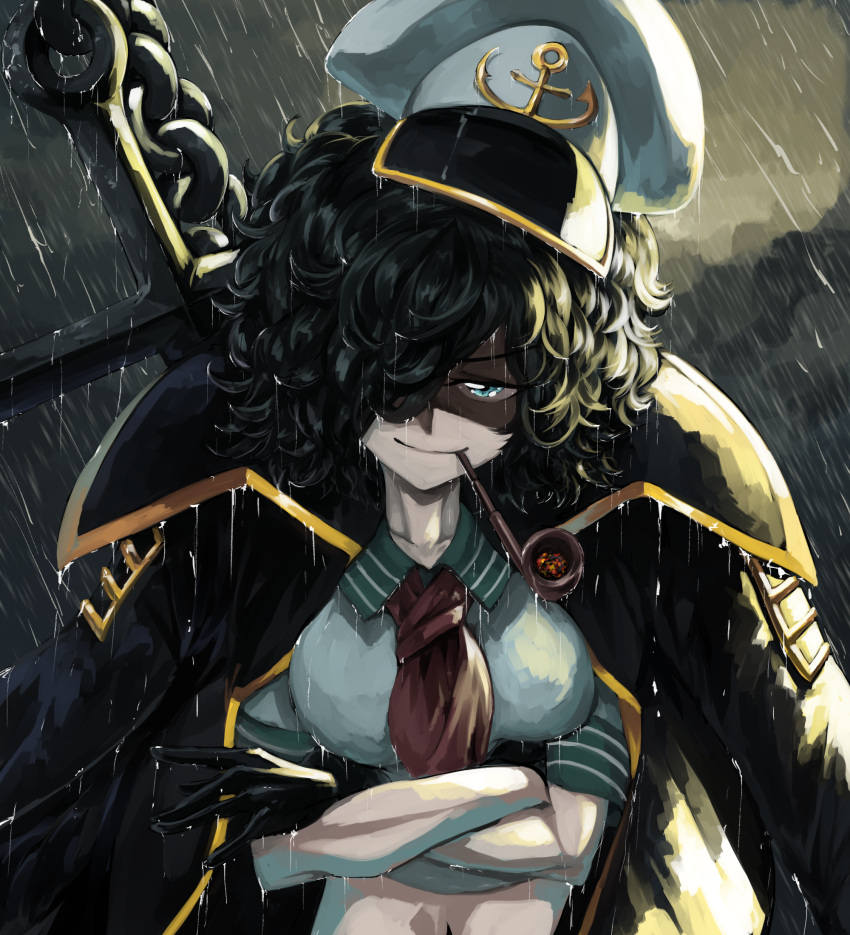 &gt;:) 1girl anchor anchor_symbol ascot bangs bare_arms big_hair black_cloud black_hair chain closed_mouth clouds cloudy_sky coat coat_on_shoulders collared_coat collared_shirt crossed_arms day dripping gloves green_eyes hair_over_one_eye half-closed_eye hat head_tilt highres midriff murasa_minamitsu navel outdoors parted_bangs pipe pipe_in_mouth rain sailor sailor_hat shaded_face shirt sky smile smug solo stomach sunyup touhou upper_body v-shaped_eyebrows water wet wet_clothes wet_face wet_hair wet_shirt wing_collar