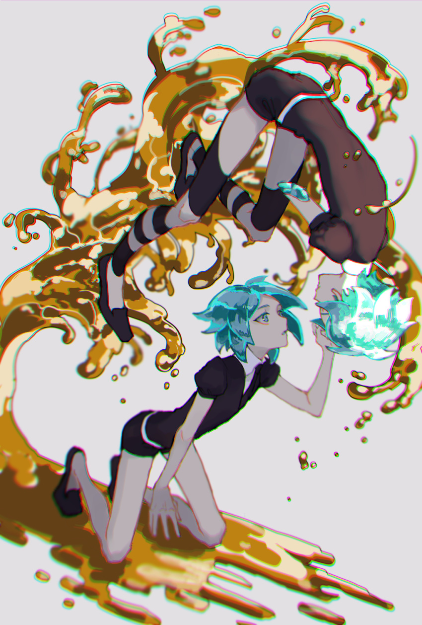 2others amputee androgynous aqua_eyes aqua_hair broken chromatic_aberration commentary_request dual_persona gem_uniform_(houseki_no_kuni) gold green_eyes green_hair gumegume highres houseki_no_kuni looking_at_another missing_limb multiple_others necktie phosphophyllite short_hair shorts spoilers upside-down