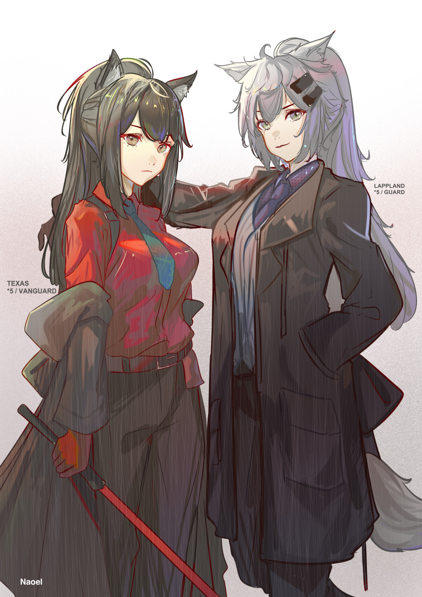 2girls absurdres alternate_costume animal_ear_fluff animal_ears arknights belt black_hair black_jacket black_pants blue_neckwear blue_shirt brown_eyes character_name coat collared_shirt commentary english_commentary gloves green_neckwear grey_coat grey_eyes grey_hair grey_skirt hair_ornament hairclip hand_in_pocket hand_on_another's_shoulder highres holding holding_sword holding_weapon jacket lappland_(arknights) long_hair looking_at_viewer multiple_girls naoel_(naoel_art) necktie off_shoulder official_alternate_costume pants ponytail purple_neckwear red_gloves red_shirt shirt skirt sword tail texas_(arknights) texas_(willpower)_(arknights) vest waistcoat weapon wolf_ears wolf_girl wolf_tail
