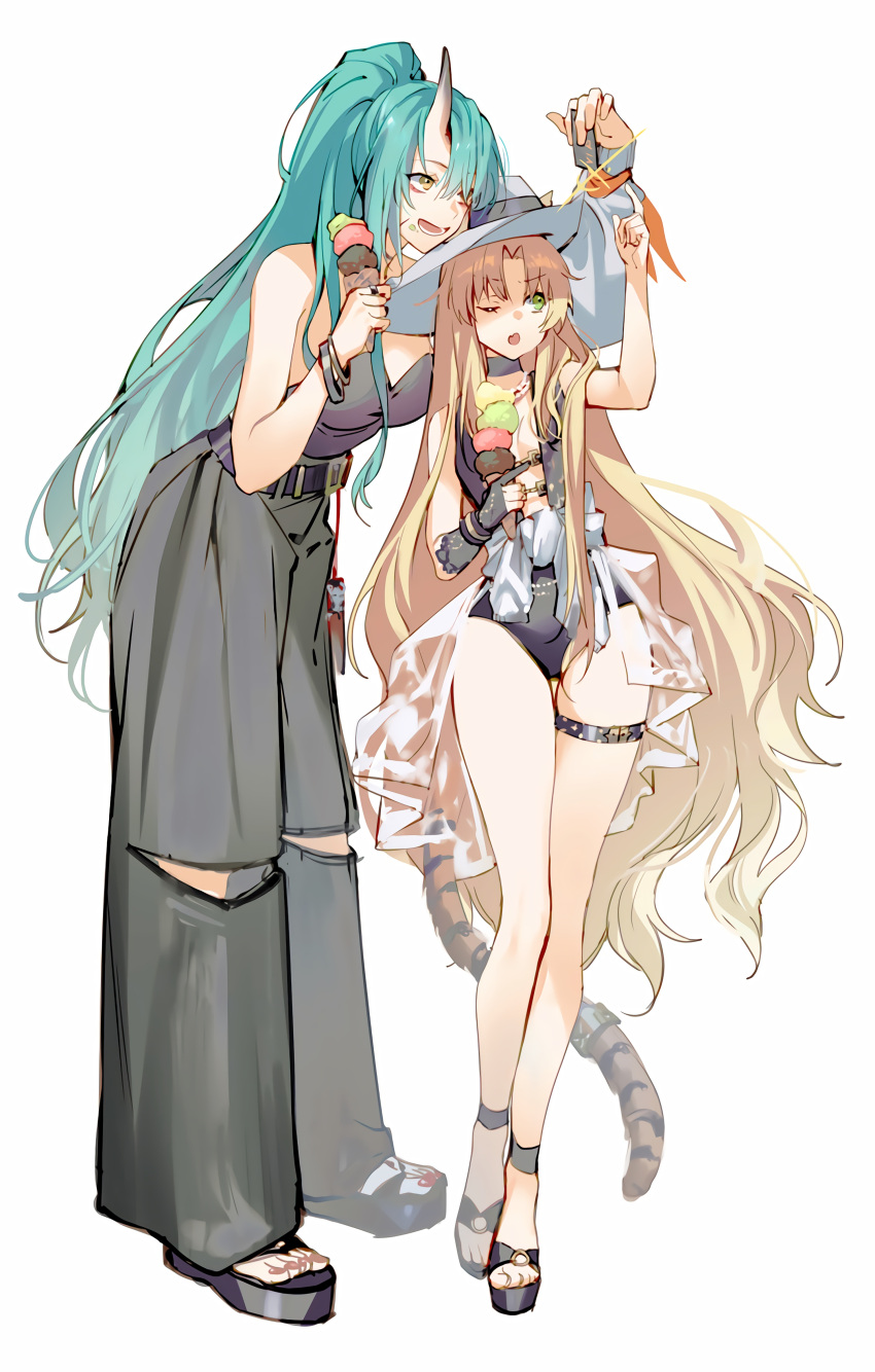 2girls absurdres animal_ears ankleband arknights black_footwear black_gloves black_pants black_shirt black_swimsuit breasts clothes_around_waist commentary food full_body gjalla gloves green_eyes green_hair hand_up height_difference highres holding holding_food horns hoshiguma_(arknights) ice_cream ice_cream_cone long_hair multiple_girls official_alternate_costume one-piece_swimsuit one_eye_closed oni_horns open_mouth orange_hair pants partially_fingerless_gloves ponytail see-through_shirt shirt shirt_around_waist sideboob simple_background single_glove single_horn standing swimsuit swire_(arknights) tail tail_ornament tail_ring thigh_strap thighs tiger_ears tiger_girl tiger_tail very_long_hair white_background white_headwear white_shirt yellow_eyes