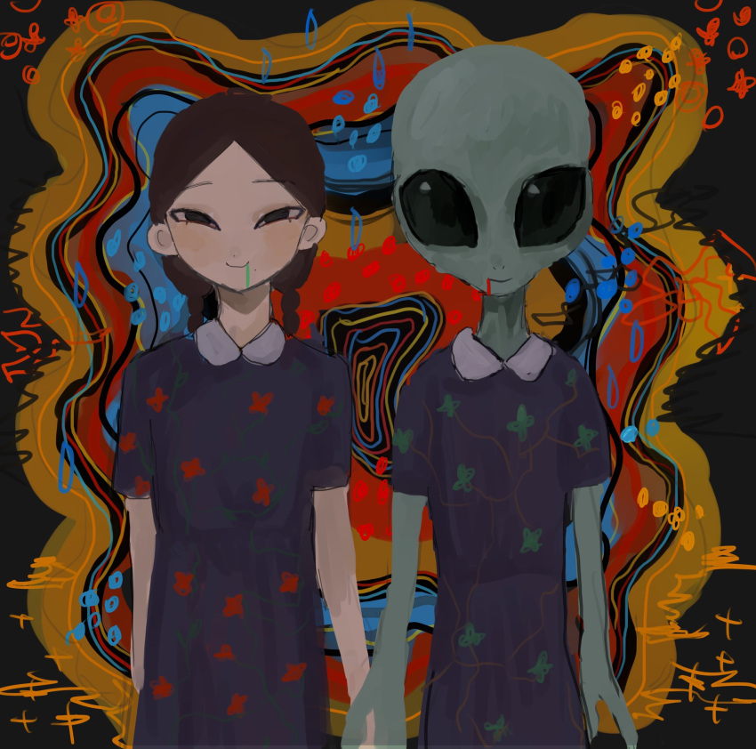 000v666 1girl 1other alien black_eyes blue_dress braid brown_hair closed_mouth colorful dress floral_print highres holding_hands looking_at_viewer multicolored multicolored_background original short_sleeves smile twin_braids upper_body