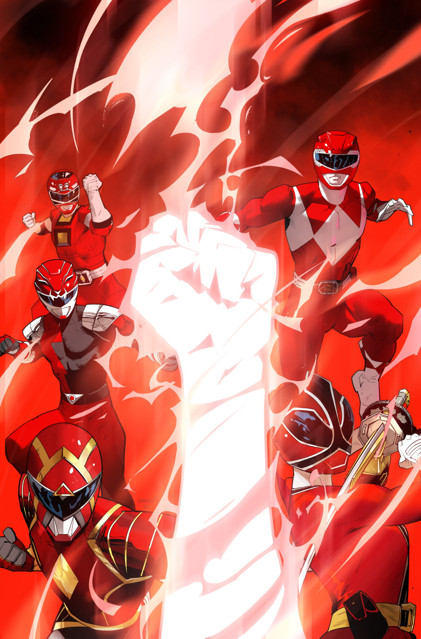 5boys absurdres bodysuit character_request clenched_hand clenched_hands comic_cover dan_mora gloves helmet highres holding holding_sword holding_weapon jayden_shiba lauren_shiba mighty_morphin_power_rangers multiple_boys official_art open_hand power_rangers red_bodysuit red_ranger rocky_desantos saban_entertainment sword t.j._johnson tokusatsu visor weapon white_gloves