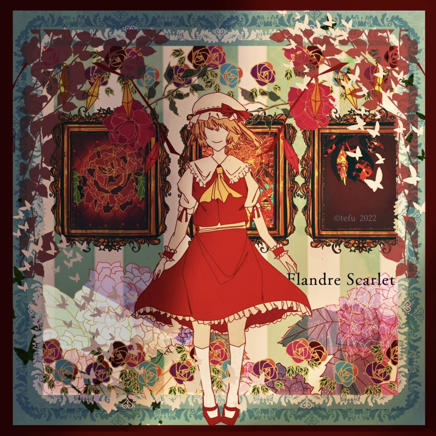 1girl artist_name ascot atelier_tefu blonde_hair bug butterfly character_name collar collared_shirt crystal dated flandre_scarlet flower framed_image frilled_collar frilled_cuffs frilled_skirt frills hat hat_ribbon kneehighs looking_at_viewer mary_janes mob_cap no_eyes one_side_up picture_frame red_footwear red_ribbon red_skirt red_vest ribbon rose shirt shoes short_hair short_sleeves skirt skirt_set smile solo touhou vest white_headwear white_legwear white_shirt wings wrist_cuffs yellow_ascot