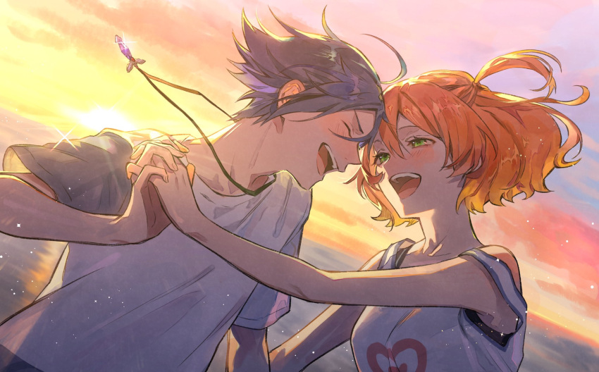 1boy 1girl ^_^ blue_hair breasts closed_eyes couple freyja_wion hair_behind_ear half-closed_eyes hayate_immelmann hetero highres holding_hands jewelry macross macross_delta medium_breasts necklace open_mouth orange_hair pote-mm shirt short_hair short_sidetail smile sunset tank_top white_shirt white_tank_top