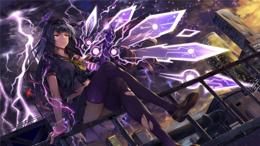 1girl artist_request bad_link bangs benghuai_xueyuan black_legwear black_shirt black_skirt brown_footwear building city closed_mouth clouds cloudy_sky crossed_legs dark_sky electricity hair_between_eyes hair_ribbon honkai_(series) honkai_impact_3rd looking_ahead official_art outdoors purple_hair raiden_mei raiden_mei_(herrscher_of_thunder) red_eyes ribbon school_uniform shirt shoe_soles shoes short_sleeves skirt sky skyscraper solo thigh-highs torn_clothes torn_legwear wings