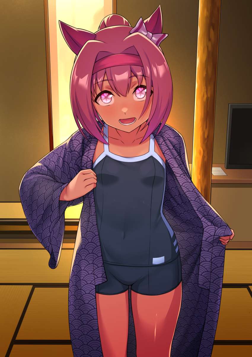 1girl absurdres animal_ears artist_name blue_swimsuit bow commentary_request eyebrows_visible_through_hair flower_in_eye gameplay_mechanics hair_bow hair_intakes haru_urara_(umamusume) headband highres horse_ears japanese_clothes kimono long_hair looking_at_viewer noragami_sota one-piece_swimsuit open_clothes open_kimono open_mouth pink_eyes pink_hair ponytail ribbon solo swimsuit swimsuit_under_clothes symbol-shaped_pupils symbol_in_eye umamusume undressing upper_body yukata