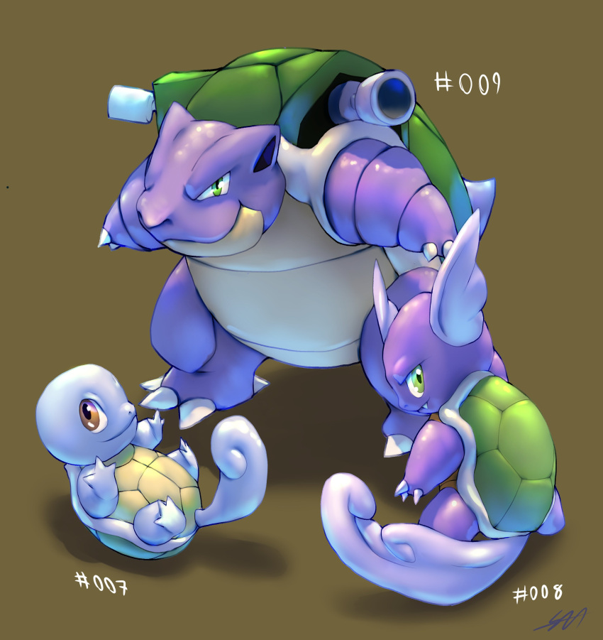 absurdres alternate_color blastoise claws closed_mouth commentary english_commentary fang fang_out gen_1_pokemon highres likey looking_at_viewer lying no_humans number on_back pokedex_number pokemon pokemon_(creature) shiny_pokemon smile squirtle standing wartortle
