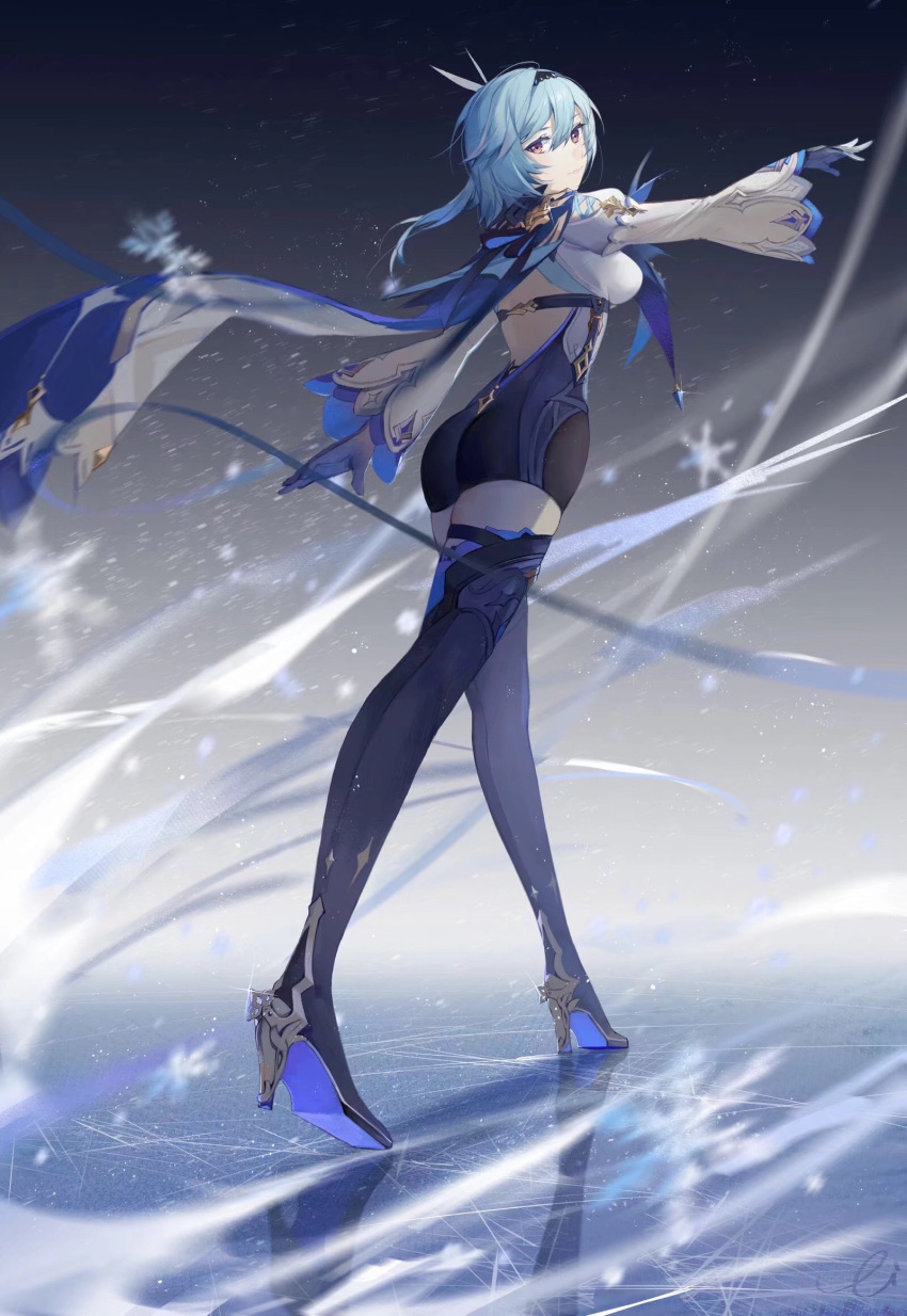 1girl bangs bare_back black_legwear black_leotard blue_hair blurry boots cape commentary_request dancing depth_of_field eula_(genshin_impact) eyebrows_visible_through_hair from_behind full_body genshin_impact hair_between_eyes hair_ornament hairband high_heels highres ice leotard lizi_(st3648) long_hair looking_at_viewer looking_back orange_eyes sidelocks simple_background snowing solo standing thigh-highs thigh_boots two-tone_gloves wide_sleeves zettai_ryouiki