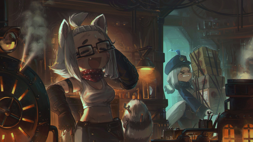 &gt;_&lt; 2girls :d =_= absurdres animal_ears armband bangs black-framed_eyewear black_gloves blunt_bangs box breasts carrying clenched_teeth closed_eyes commentary dirty dirty_face english_commentary fang glasses gloves hat hat_feather heavy high_ponytail highres indoors lamp medium_breasts midriff multiple_girls navel open_mouth original porforever raccoon_ears raccoon_girl raccoon_tail rectangular_eyewear short_hair short_ponytail smile steam striped_tail sweat tail tank_top teeth white_hair white_tank_top workshop