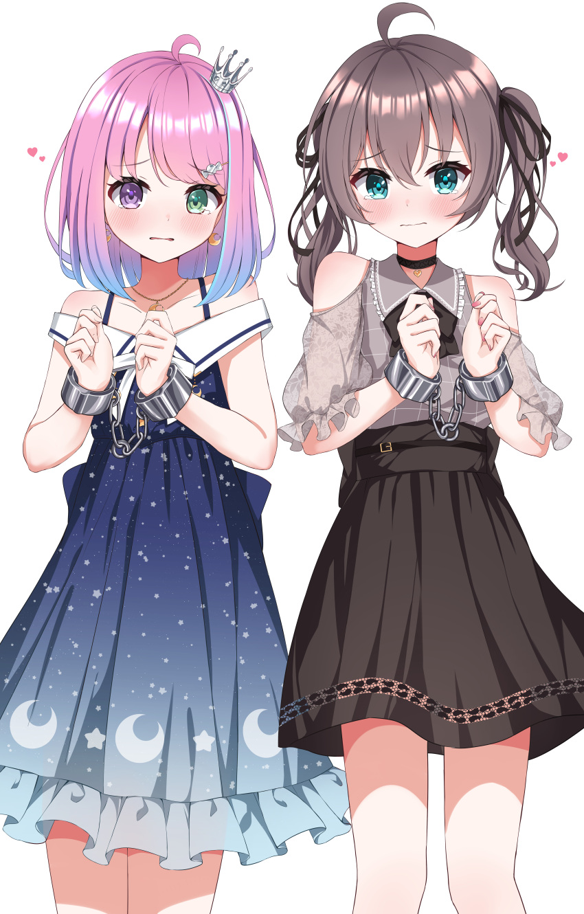 2girls absurdres ahoge aqua_eyes bangs black_choker black_neckwear black_ribbon black_skirt blue_dress bound bound_wrists bow bow_skirt bowtie brown_hair candy_hair_ornament choker clothing_cutout collared_shirt crescent crescent_earrings crown cuffs dress earrings eyebrows_visible_through_hair food-themed_hair_ornament gradient_hair green_eyes grey_shirt hair_between_eyes hair_ornament hair_ribbon hairclip heterochromia high-waist_skirt highres himemori_luna hololive huge_filesize jewelry karashi_(asarikarasi) lace lace-trimmed_skirt lace_sleeves lace_trim looking_at_viewer mini_crown multicolored_hair multiple_girls natsuiro_matsuri official_alternate_costume pink_hair plaid plaid_shirt puffy_short_sleeves puffy_sleeves purple_hair ribbon see-through_sleeves shackles shirt short_hair short_sleeves shoulder_cutout simple_background skirt tearing_up twintails violet_eyes virtual_youtuber wavy_hair