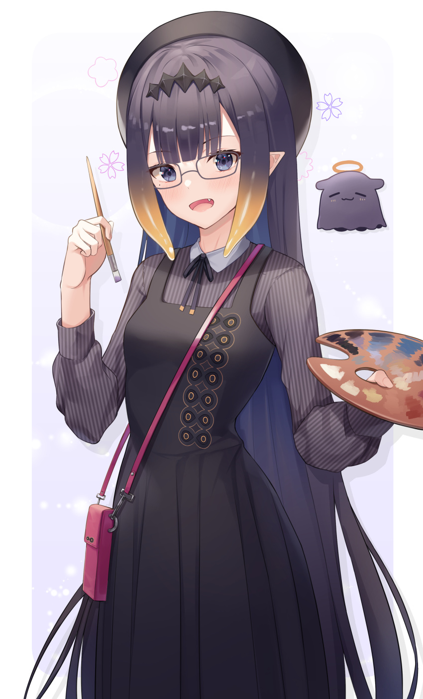 1girl :d absurdly_long_hair absurdres bag bangs bespectacled black_dress black_eyes black_hair blunt_bangs commentary_request dress dress_shirt eyebrows_visible_through_hair eyes_visible_through_hair fang glasses gradient_hair hair_between_eyes hair_ornament handbag hat highres holding holding_brush hololive hololive_english long_hair looking_at_viewer mole mole_under_eye multicolored_hair ninomae_ina'nis open_mouth palette_(object) pointy_ears shirt shuvi_(shuvi1125) sidelocks simple_background smile solo two-tone_background very_long_hair virtual_youtuber
