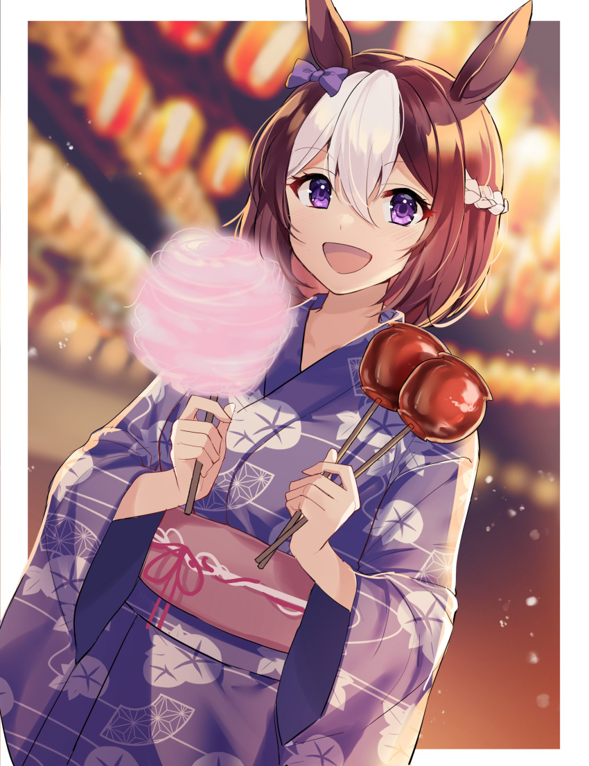 1girl absurdres animal_ears backlighting bangs blurry blurry_background blush border bow braid brown_hair candy_apple cotton_candy depth_of_field floral_print food hair_between_eyes hair_bow highres holding holding_food horse_ears japanese_clothes kimono long_sleeves looking_at_viewer multicolored_hair obi oenothera outside_border print_kimono purple_bow purple_kimono sash short_hair solo special_week_(umamusume) two-tone_hair umamusume violet_eyes white_border white_hair wide_sleeves yukata