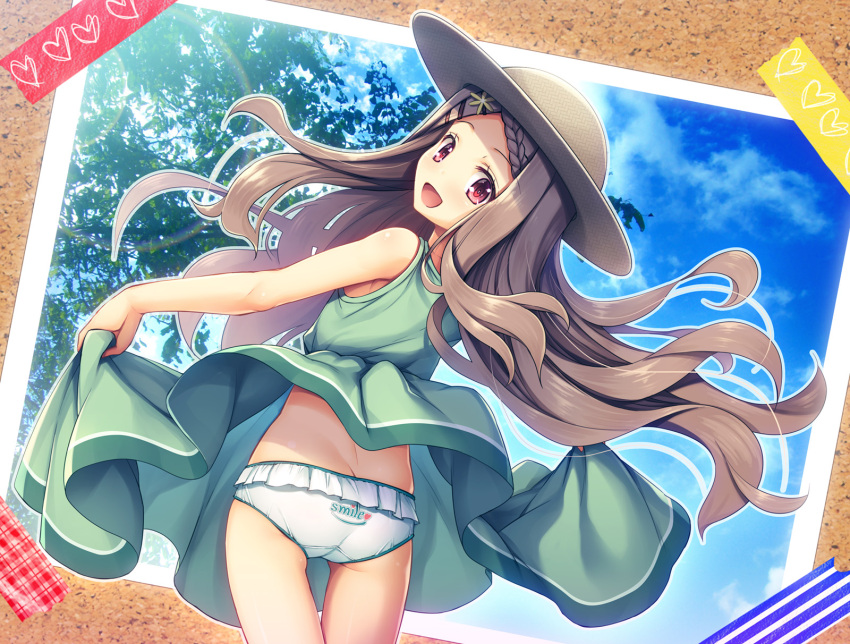 1girl :d aoba_kokona bare_arms bare_shoulders braid brown_hair chima_q clothes_lift clothes_writing commentary_request dress dress_lift from_behind green_dress hair_ornament hairclip hat highres lifted_by_self long_hair looking_back open_mouth outline panties photo_(object) red_eyes sleeveless sleeveless_dress smile solo sun_hat thigh_gap underwear very_long_hair white_outline white_panties yama_no_susume
