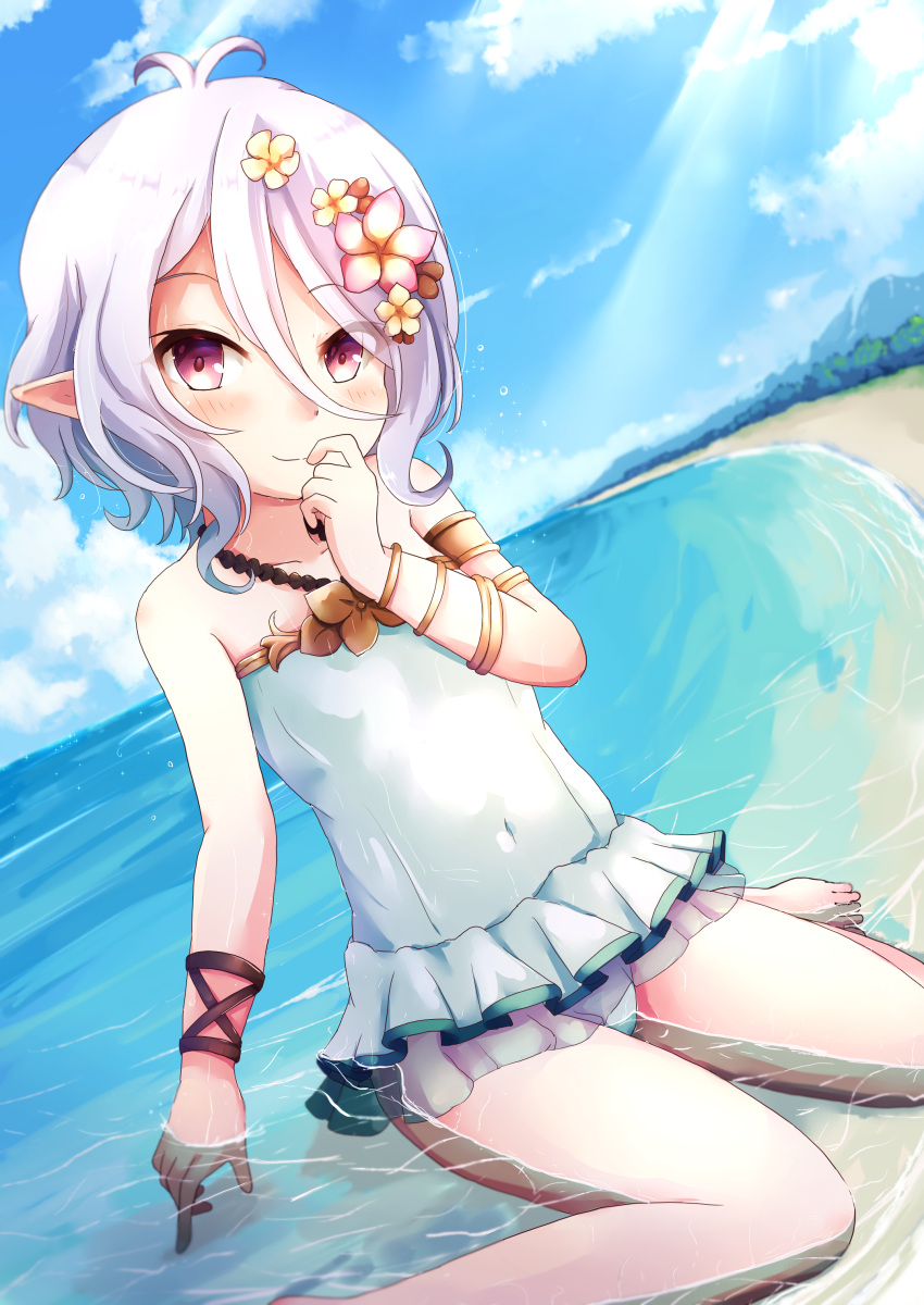 1girl absurdres antenna_hair bangs beach blue_sky bracelet clouds cloudy_sky commentary_request eyebrows_visible_through_hair flower grey_eyes hair_between_eyes hair_flower hair_ornament highres horizon jewelry kokkoro_(princess_connect!) looking_at_viewer nyxerebos ocean pointy_ears princess_connect! short_hair sidelocks sitting sky smile solo swimsuit wariza white_hair white_swimsuit