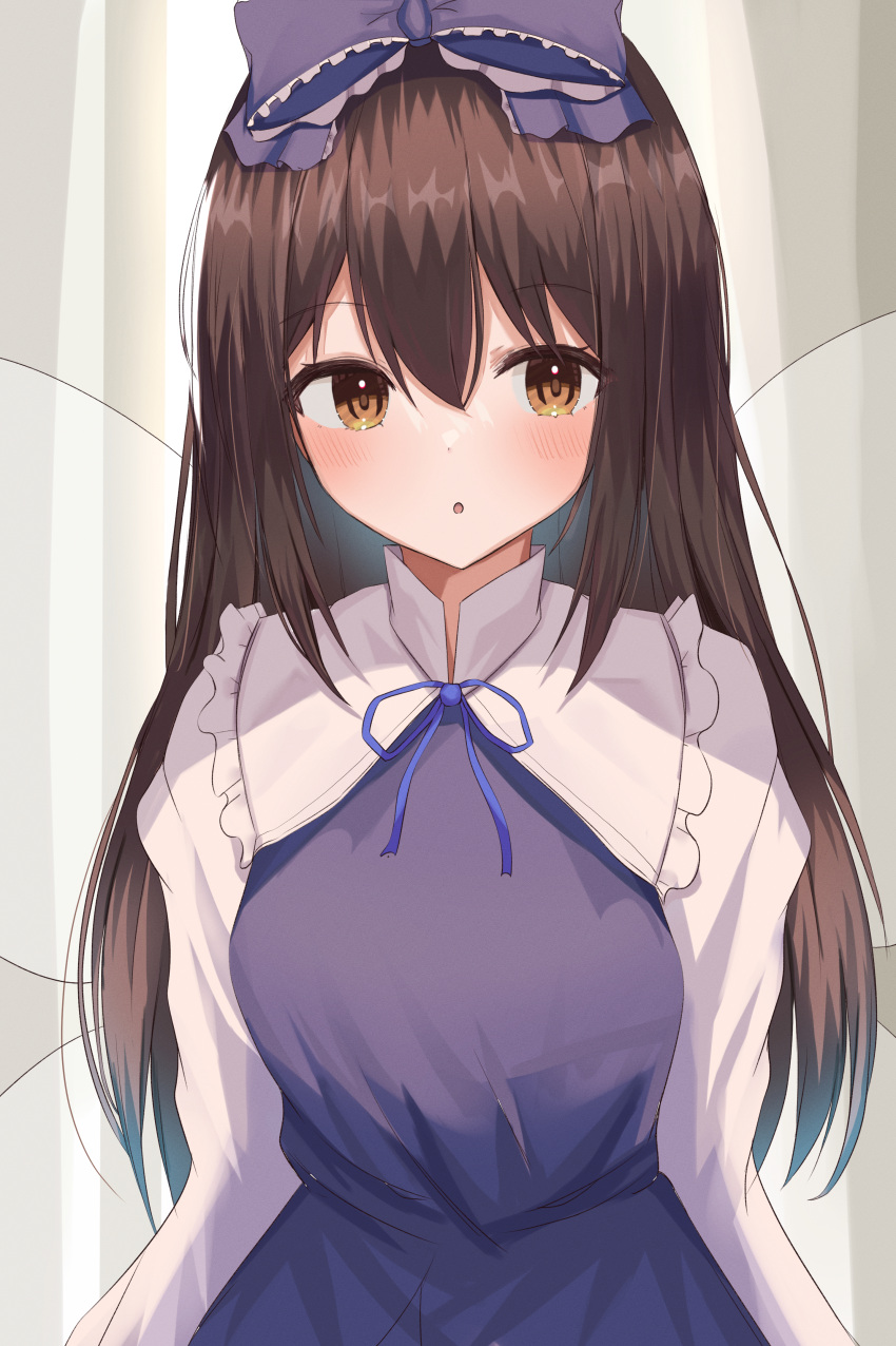 1girl :o absurdres aohane bangs blue_dress bow breasts brown_eyes brown_hair dress eyebrows_visible_through_hair fairy_wings frilled_bow frilled_shirt_collar frills grey_background hair_between_eyes hair_bow highres huge_filesize long_hair long_sleeves looking_at_viewer medium_breasts parted_lips purple_bow revision simple_background solo star_sapphire touhou very_long_hair wings