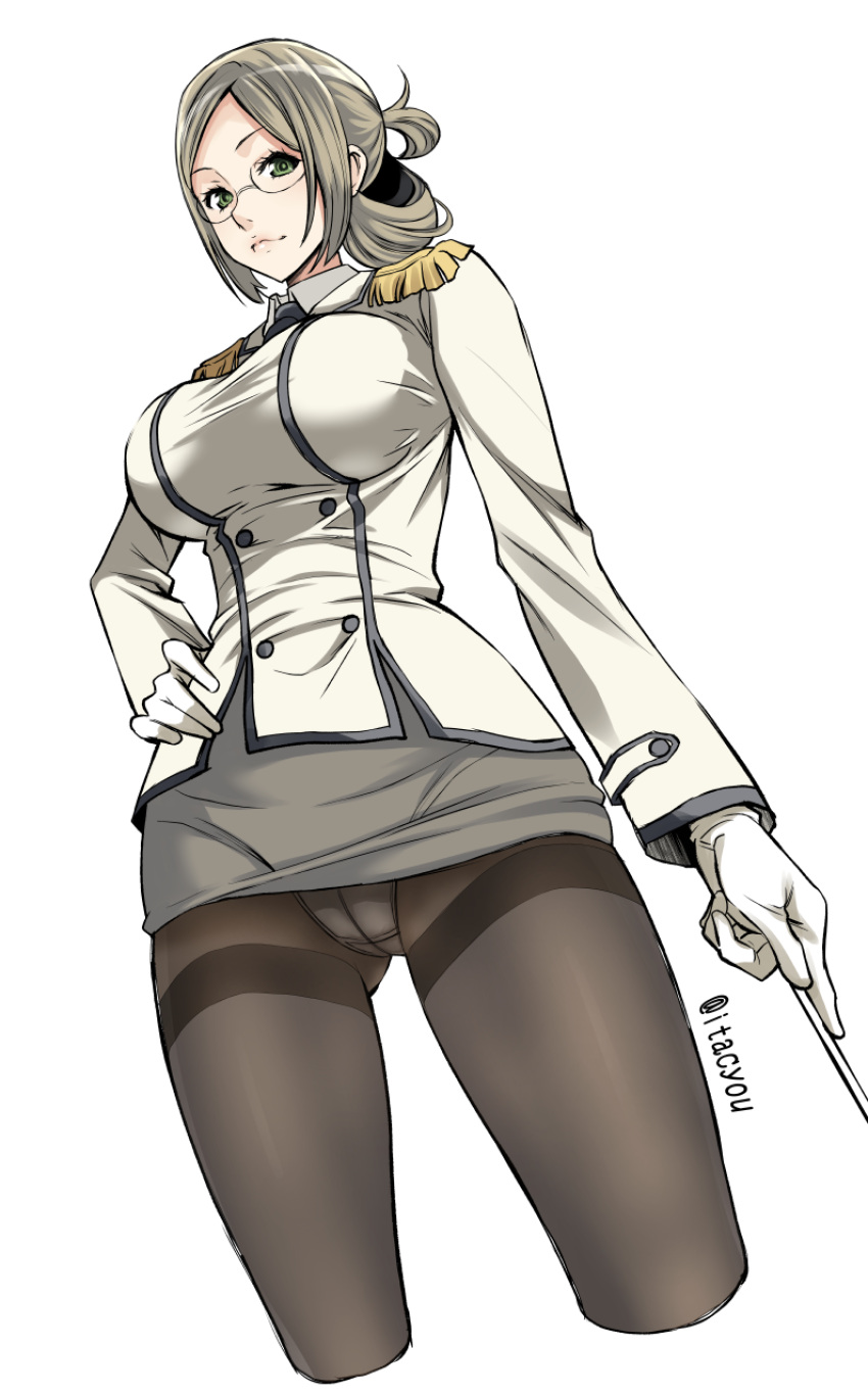 1girl absurdres aliasing black_legwear breasts brown_hair closed_mouth clothes_lift commentary_request cowboy_shot cropped_legs crotch_seam epaulettes folded_ponytail glasses gloves green_eyes grey_skirt hand_on_hip highres itachou jacket kantai_collection katori_(kancolle) large_breasts looking_at_viewer military military_uniform miniskirt panties panties_under_pantyhose pantyhose pencil_skirt pointer rimless_eyewear short_hair simple_background skirt skirt_lift smile solo standing thighband_pantyhose twitter_username underwear uniform white_background white_gloves white_jacket
