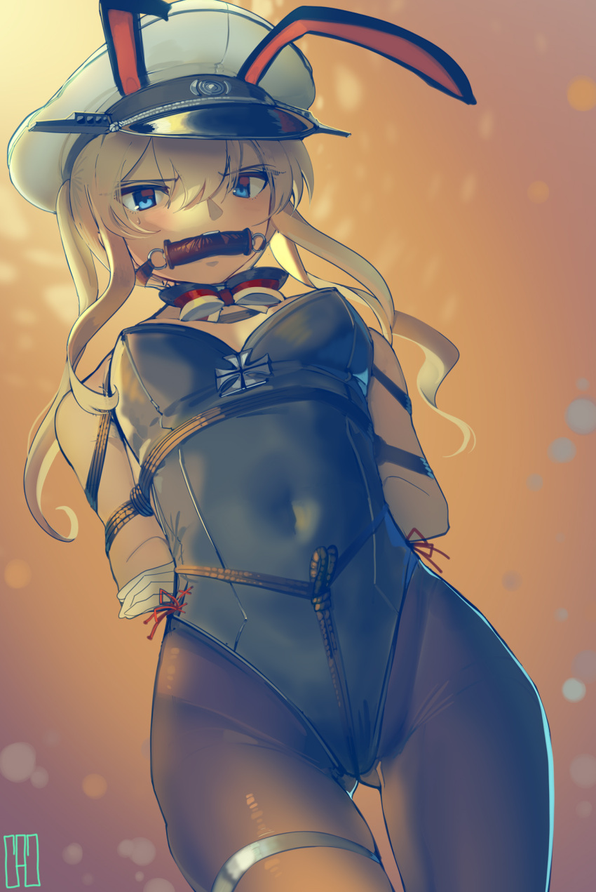 1girl alternate_costume animal_ears arms_behind_back bdsm black_legwear black_leotard blonde_hair blue_eyes bondage bound bound_arms breast_bondage breasts covered_navel crotch_rope detached_collar fake_animal_ears gagged graf_zeppelin_(kancolle) hair_between_eyes hat highleg highleg_leotard highres kaddo kantai_collection leotard medium_breasts pantyhose peaked_cap playboy_bunny rabbit_ears shibari shibari_over_clothes side-tie_leotard sidelocks solo strapless strapless_leotard thigh_strap twintails