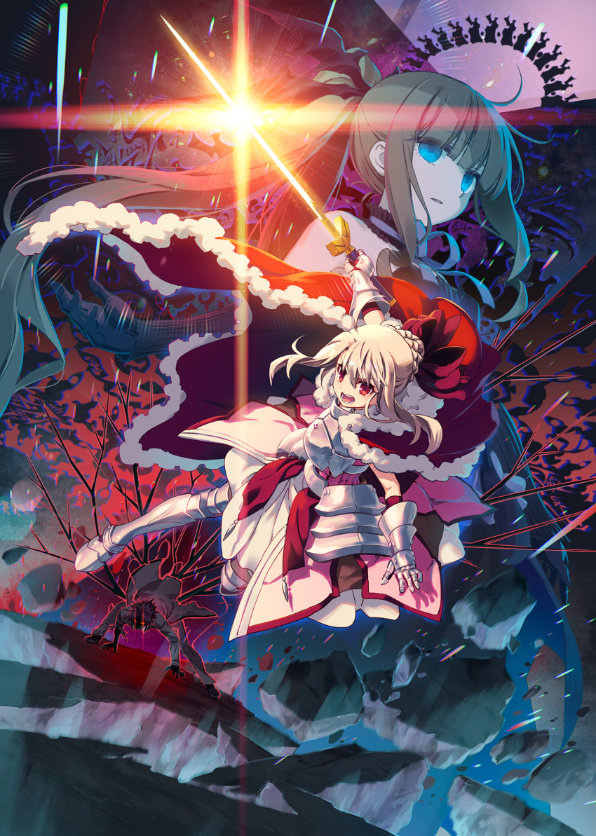 1boy 2girls artoria_pendragon_(fate) cosplay fate/kaleid_liner_prisma_illya fate_(series) fighting_stance glowing glowing_sword glowing_weapon highres hiroyama_hiroshi illyasviel_von_einzbern multiple_girls official_art pandora_(prisma_illya) projected_inset red_eyes saber saber_(cosplay) weapon white_hair