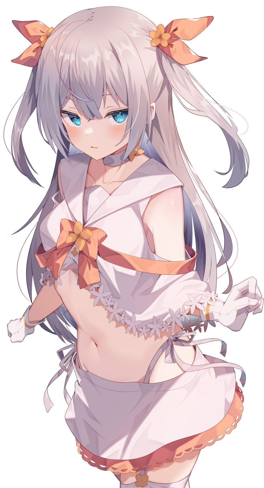 1girl absurdres bare_shoulders blue_eyes bow bowtie breasts choker collarbone commission cowboy_shot crop_top garter_straps gloves grey_choker grey_hair hair_ribbon highleg highres jun_(aousa0328) long_hair looking_at_viewer midriff miniskirt navel original panties parted_lips ribbon sailor_collar shirt side-tie_panties side-tie_peek skeb_commission skirt sleeveless sleeveless_shirt small_breasts solo stomach string_panties thigh-highs twintails underwear white_gloves white_legwear white_shirt white_skirt zettai_ryouiki