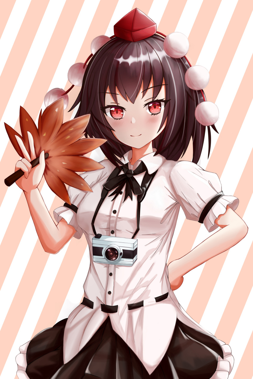 1girl absurdres bangs black_hair black_neckwear black_ribbon black_skirt blush breasts cowboy_shot eyebrows_visible_through_hair hand_fan hand_on_hip hat hauchiwa highres holding holding_fan looking_at_viewer medium_breasts miniskirt neck_ribbon petticoat pom_pom_(clothes) puffy_short_sleeves puffy_sleeves red_eyes ribbon shameimaru_aya shirt short_hair short_sleeves skirt smile solo standing striped striped_background tassel tokin_hat touhou untucked_shirt white_shirt zui_ruo_zui_qiong_wanjia