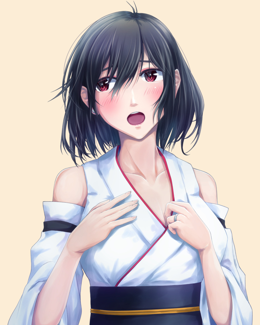 1girl absurdres black_hair breasts collarbone detached_sleeves earrings highres jewelry junk_life kantai_collection nontraditional_miko red_eyes short_hair simple_background small_breasts solo upper_body wide_sleeves yamashiro_(kancolle) yellow_background