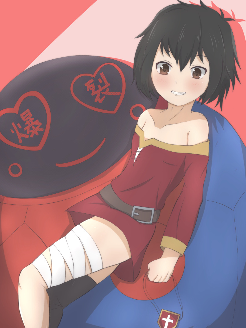 bandaged_leg bandages bangs belt black_hair black_legwear blush blush_stickers brown_belt clenched_hand commentary cosplay crossover dress drop_shadow eyepatch eyepatch_removed feet_out_of_frame grin heart highres holding_eyepatch kono_subarashii_sekai_ni_shukufuku_wo! looking_at_viewer mecha megumin megumin_(cosplay) mos_(msmosmasa) off-shoulder_dress off_shoulder peni_parker red_background short_dress short_hair single_thighhigh smile sp//dr spider-man:_into_the_spider-verse spider-man_(series) symbol-shaped_pupils takahashi_rie thigh-highs voice_actor_connection