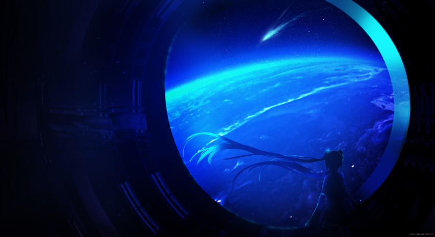 1girl absurdres backlighting blue_theme comet cowboy_shot dark earth_(planet) from_behind hatsune_miku highres long_hair planet scenery silhouette skirt sky skyrick9413 solo space space_station star_(sky) starry_sky twintails vocaloid window