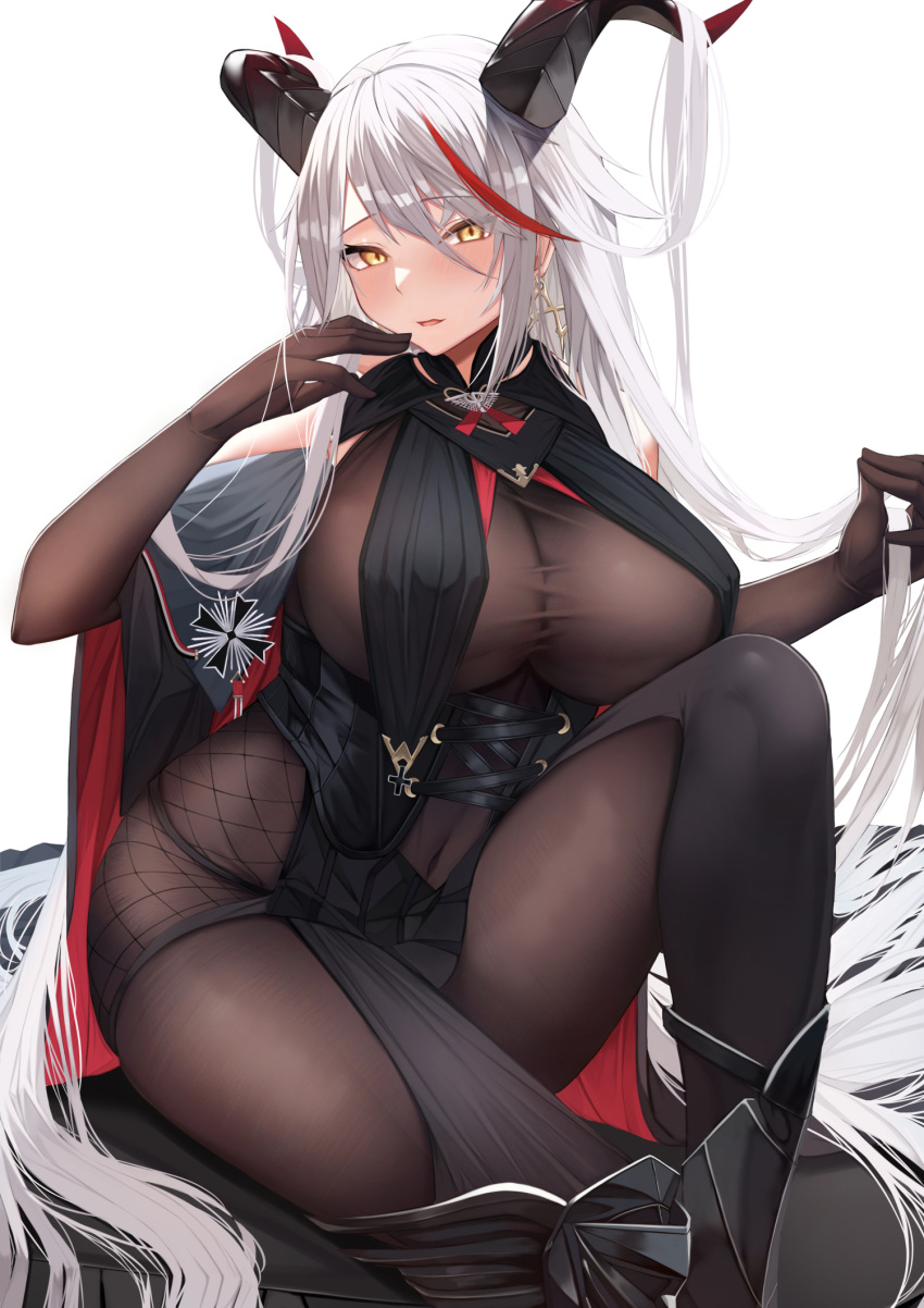 1girl aegir_(azur_lane) azur_lane bangs black_legwear blush bodystocking breasts covered_navel earrings elbow_gloves eyebrows_visible_through_hair gloves highres horns jewelry kazuha_(saku_kn) knee_up large_breasts long_hair looking_at_viewer multicolored_hair parted_lips redhead silver_hair simple_background sitting solo streaked_hair thighs white_background